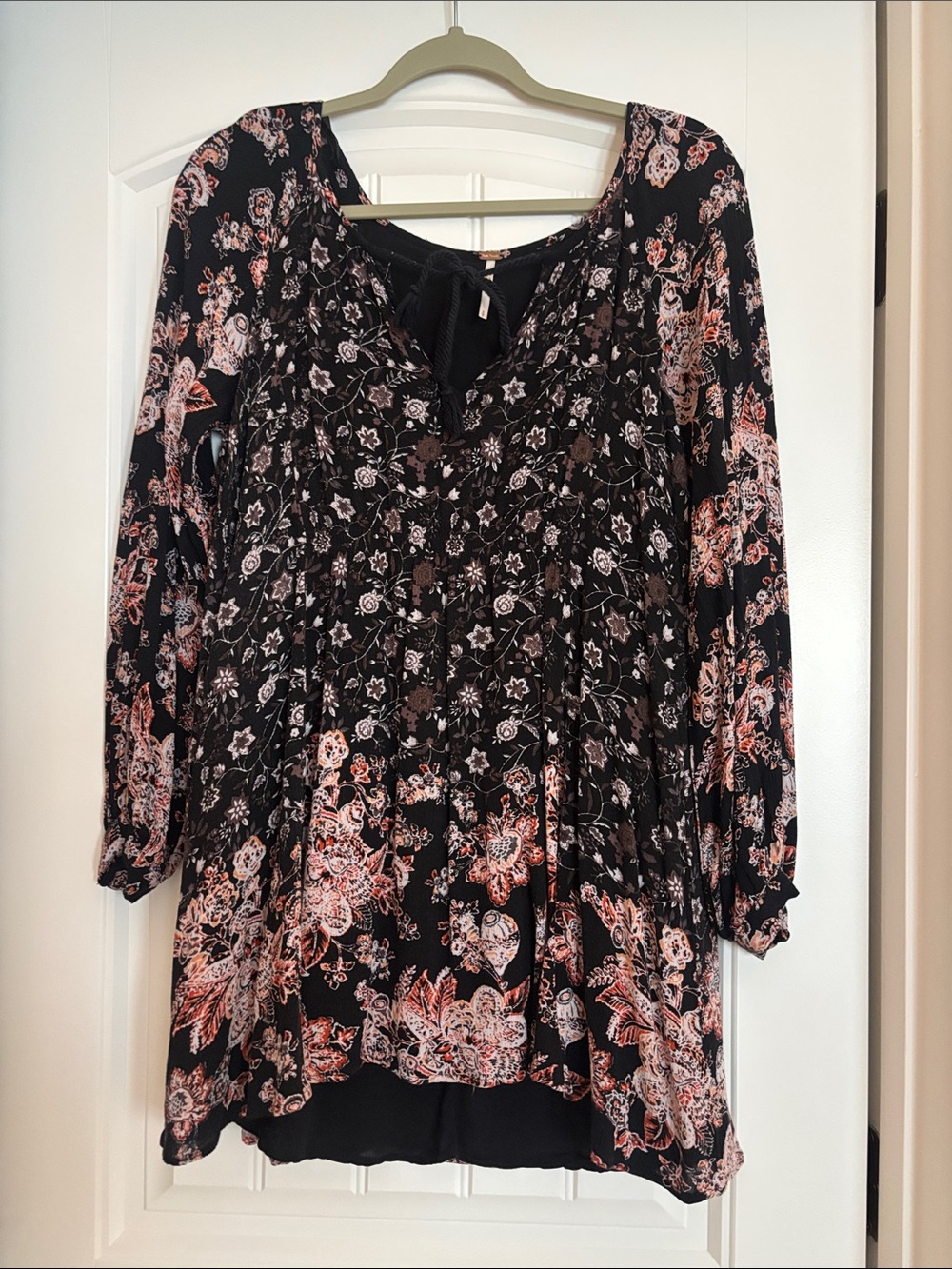 Free People Black Floral Tie-Front Blouse with Pink & Cream Flowers